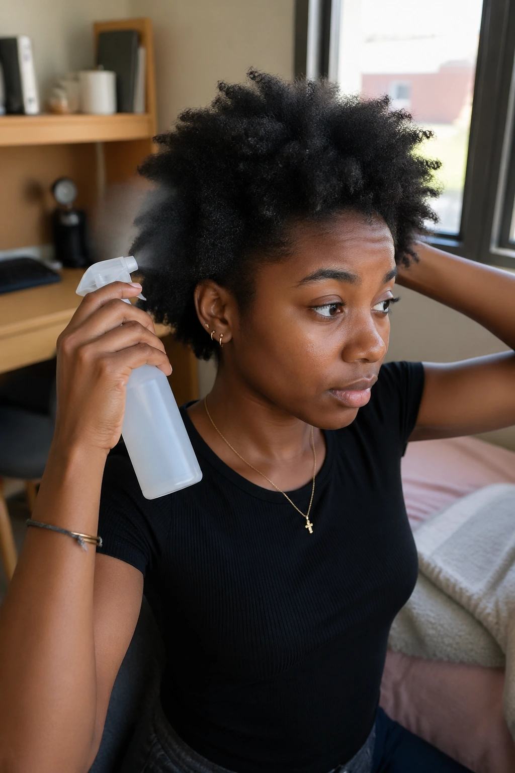 Student misting hair in dorm room to manage moisture without full wash day