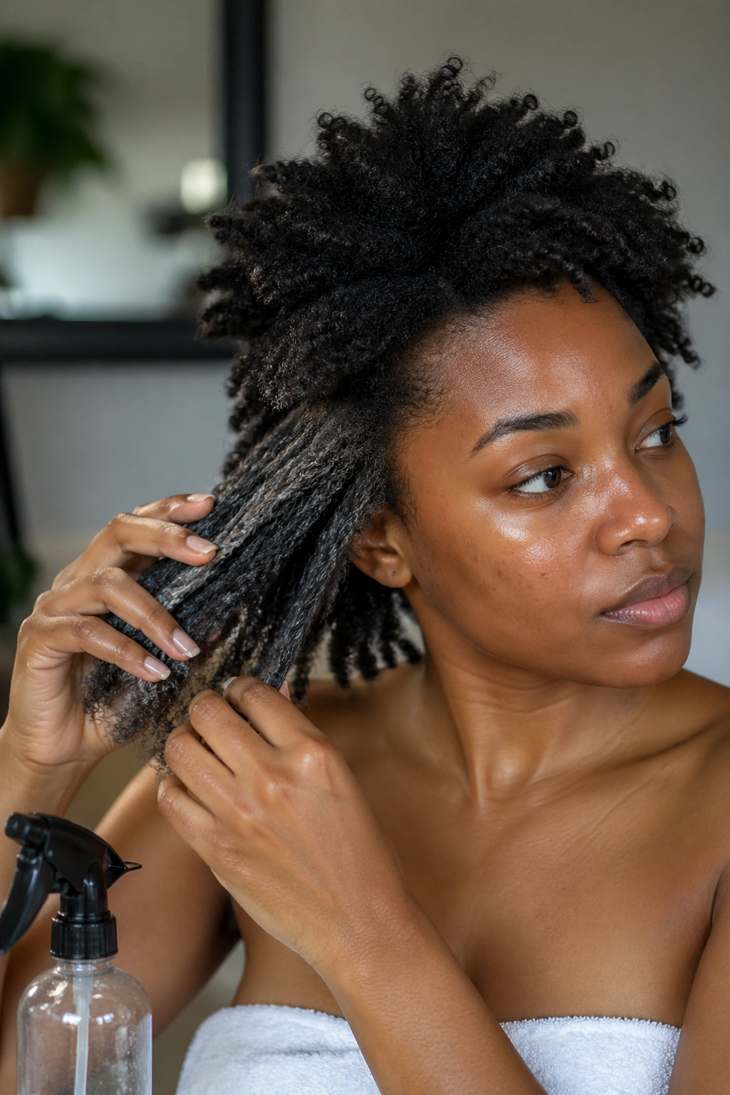Close-up of a real person applying leave-in conditioner to damp 4C hair