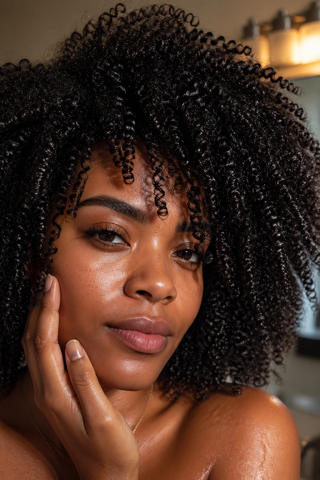 Close-up of moisturized afro hair with shine on a real person's face