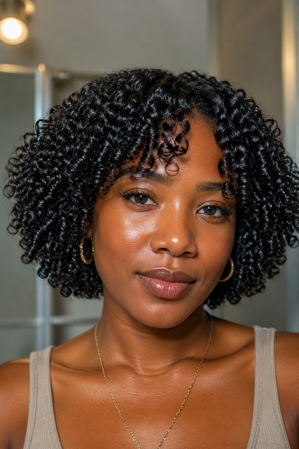 Close-up of a real woman with moisturized coily bob