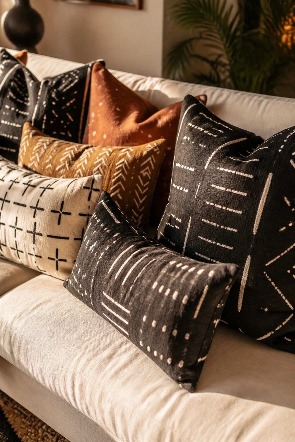 Mud cloth throw pillows on a sofa showing patterns and textures