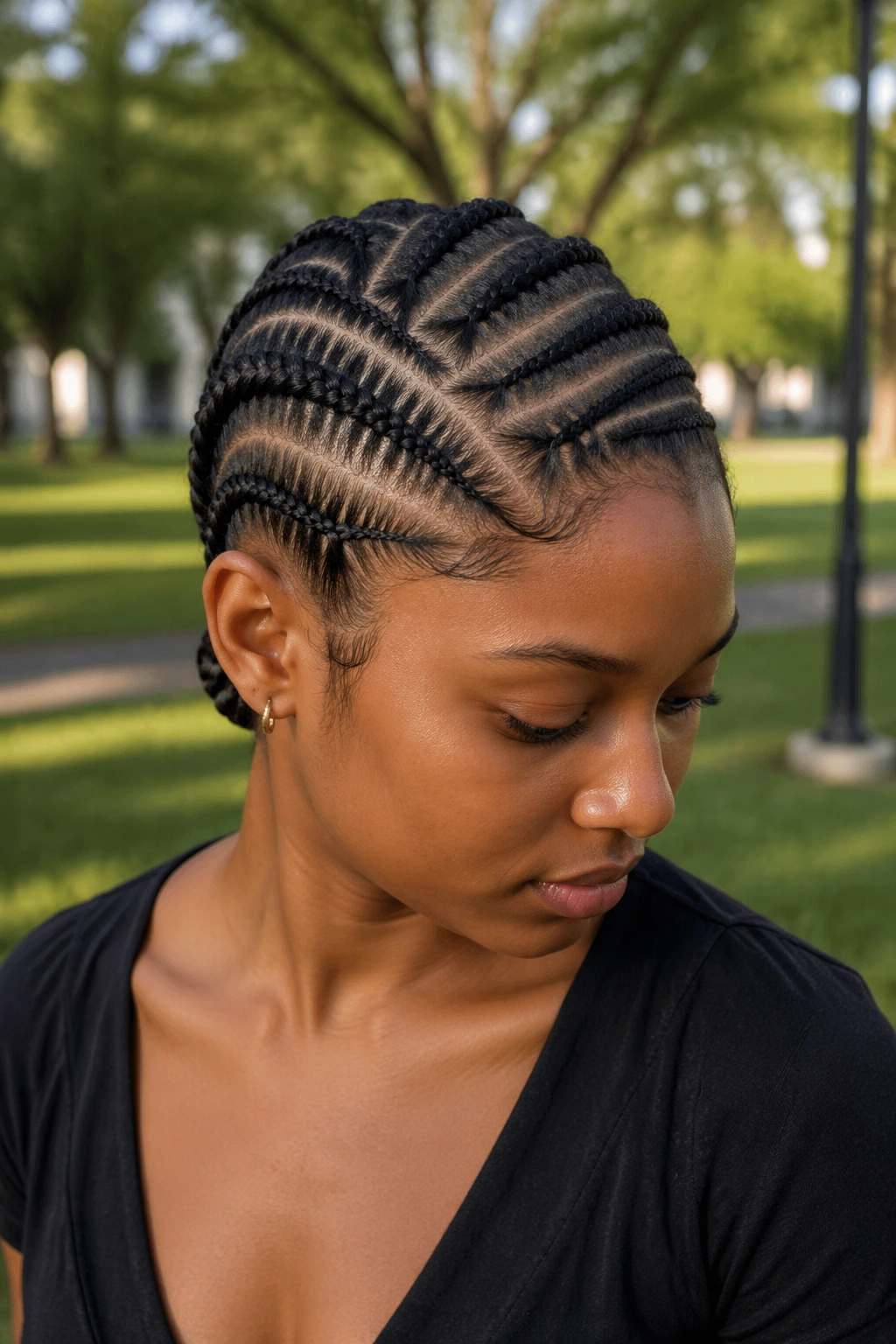Three-quarter view of multi-direction cornrows forming four directional patterns