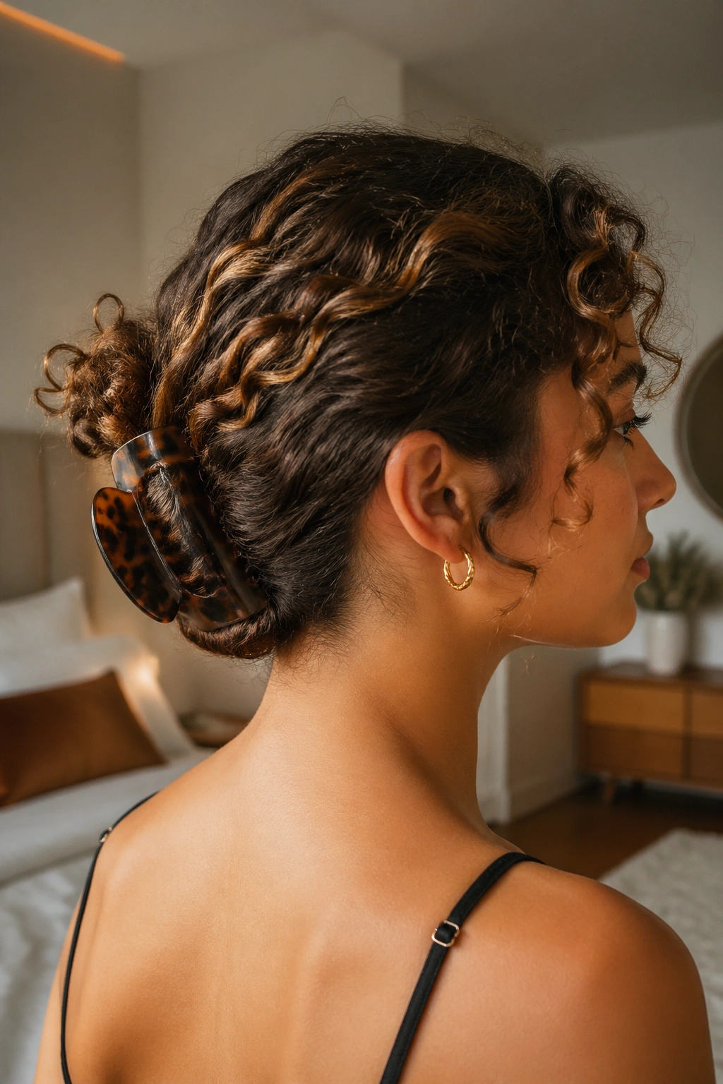 Close-up of a real woman with a tucked-under nape ponytail secured by a deep-curve claw clip