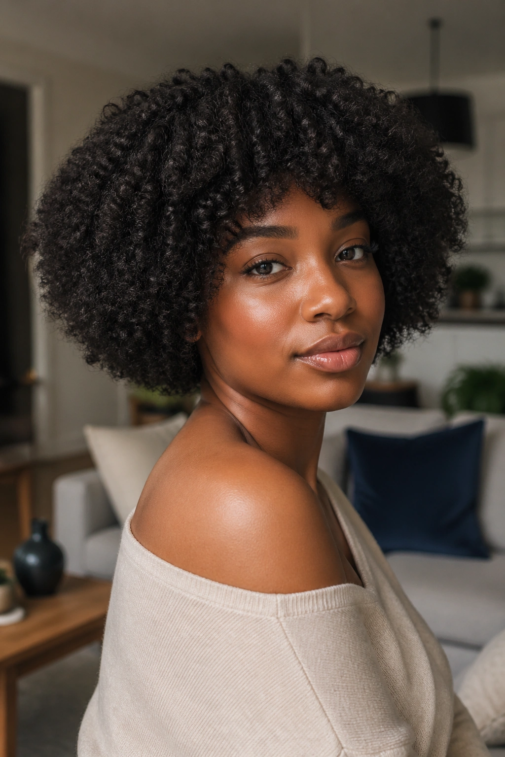 Three-quarter portrait of a real woman with a sculpted natural afro bob.