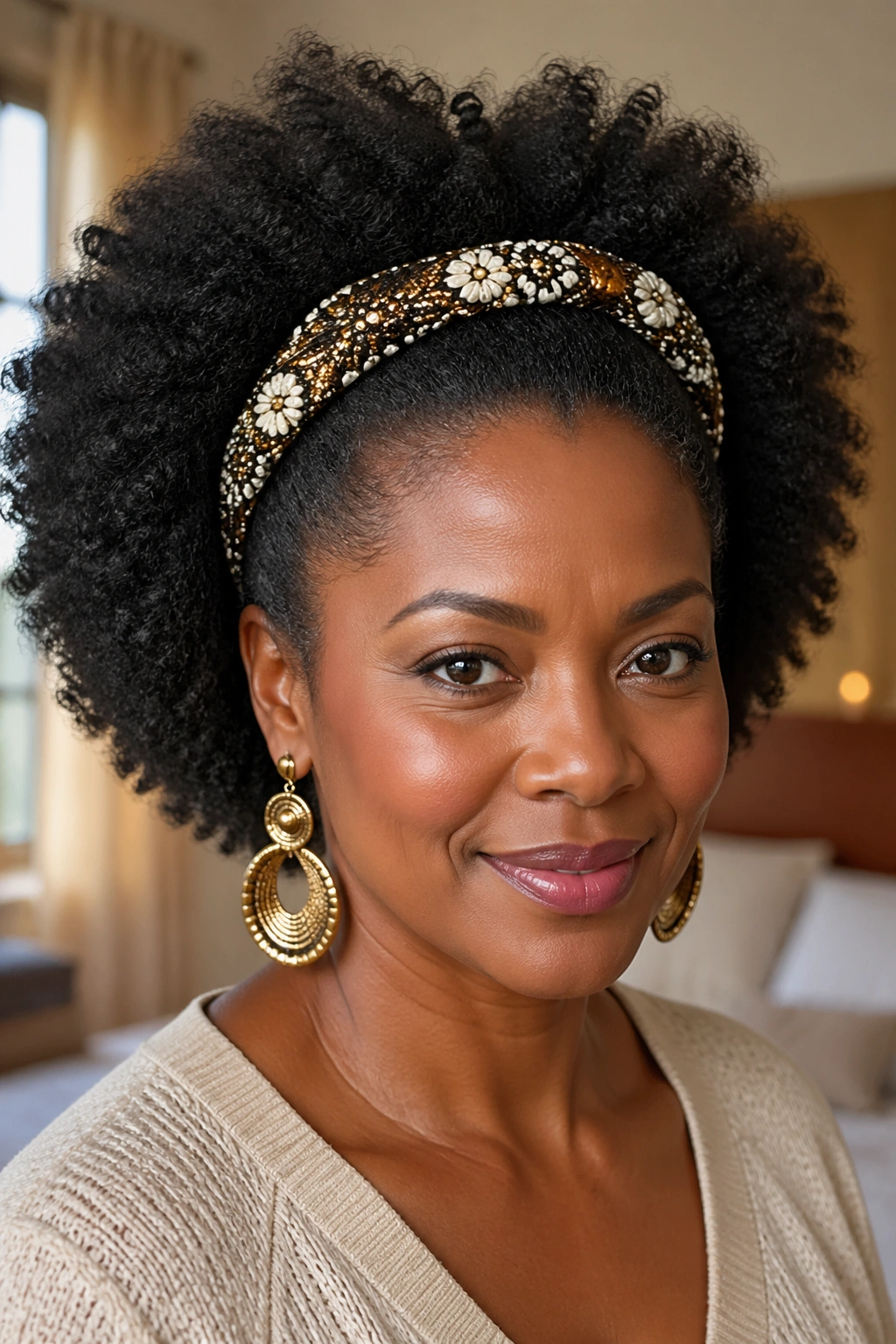 Close-up of a real woman with a natural afro and a bold decorative headband