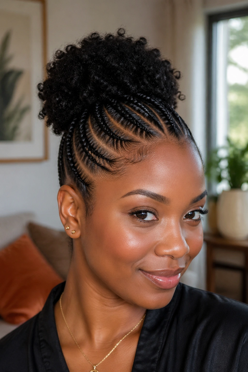 Close-up portrait of a real woman with natural cornrows forming an Afro puff at the crown