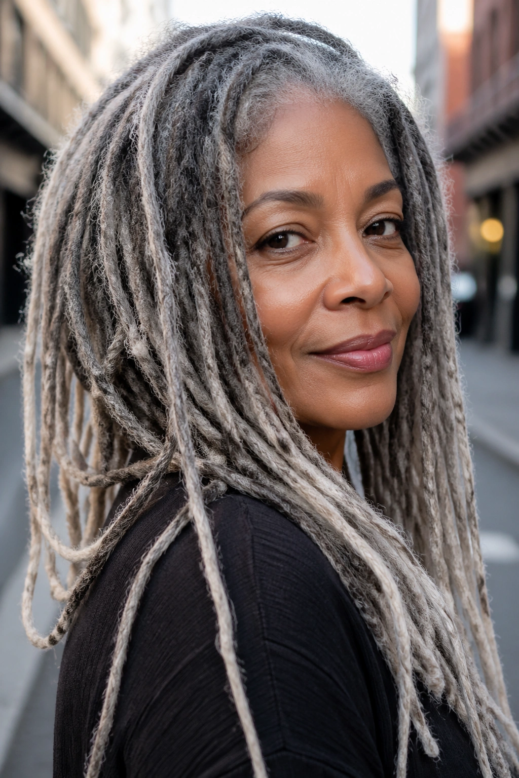 Close-up of a real woman with long natural grey locs showing color history.