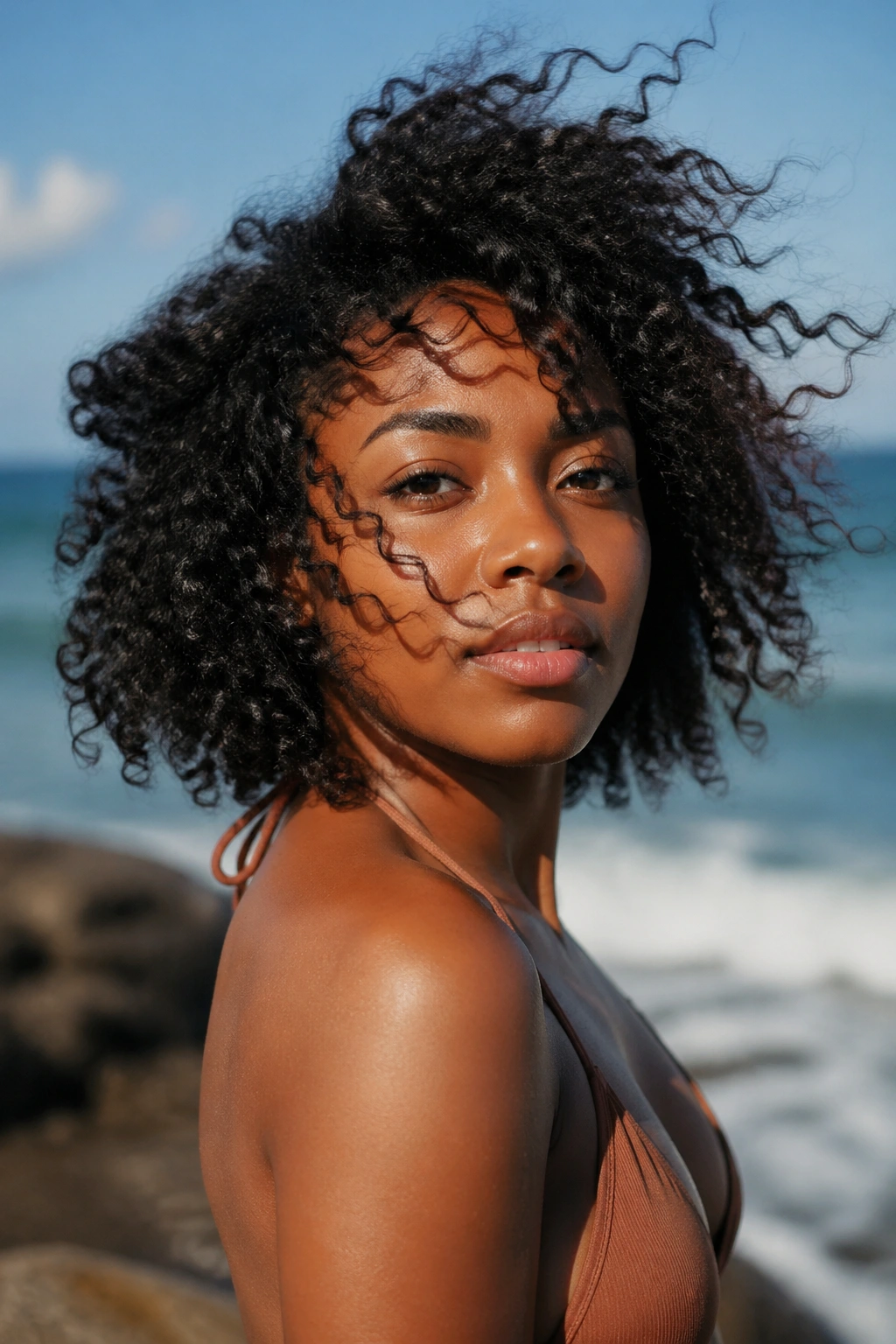 Close-up of a real woman with curly natural hair at the beach, wind-swept curls by the shoreline