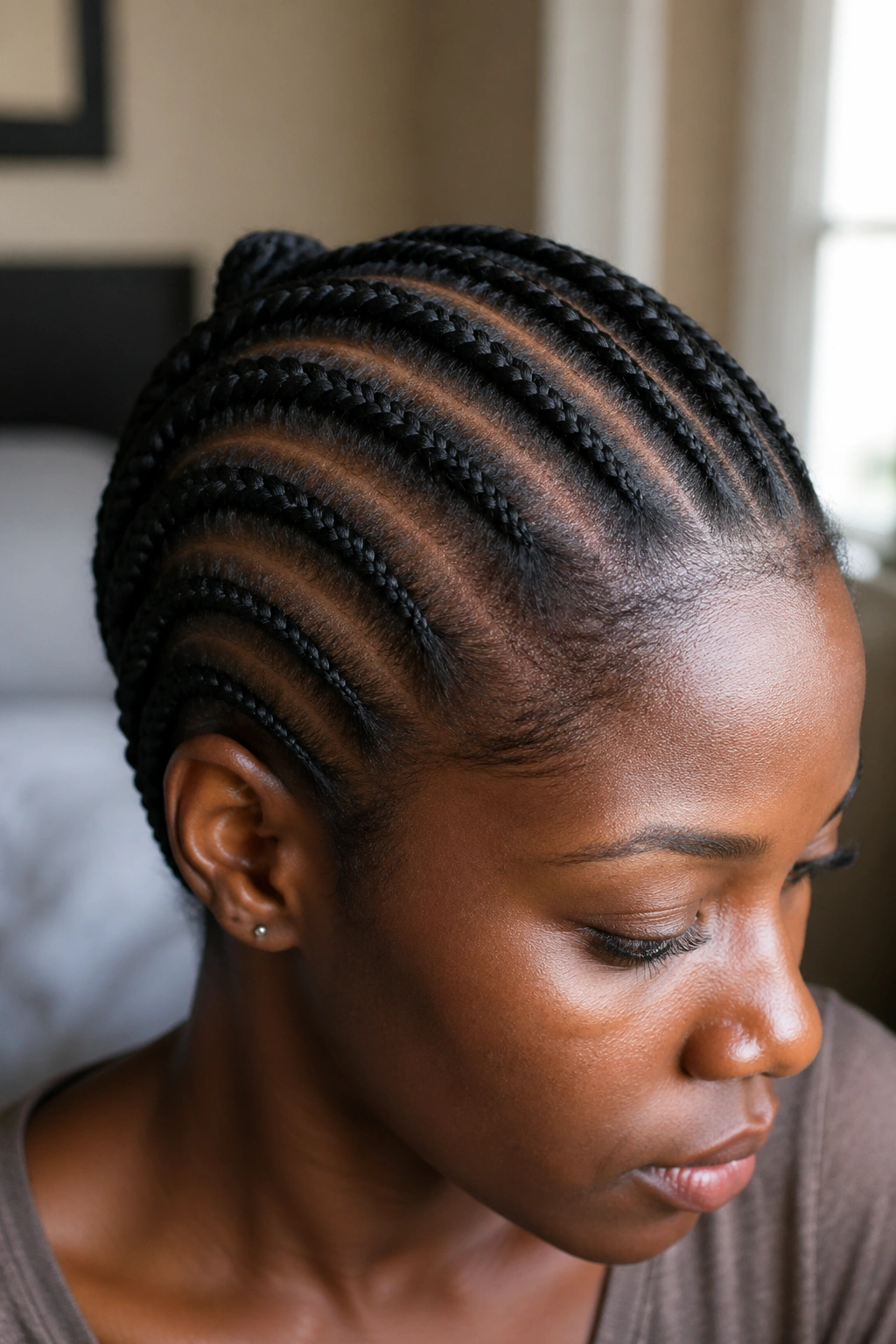 Close-up of a real woman with cornrows highlighting 4C hair texture and scalp.
