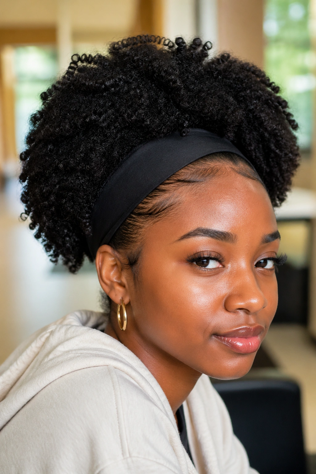Close-up of a real person wearing a wide headband with natural hair