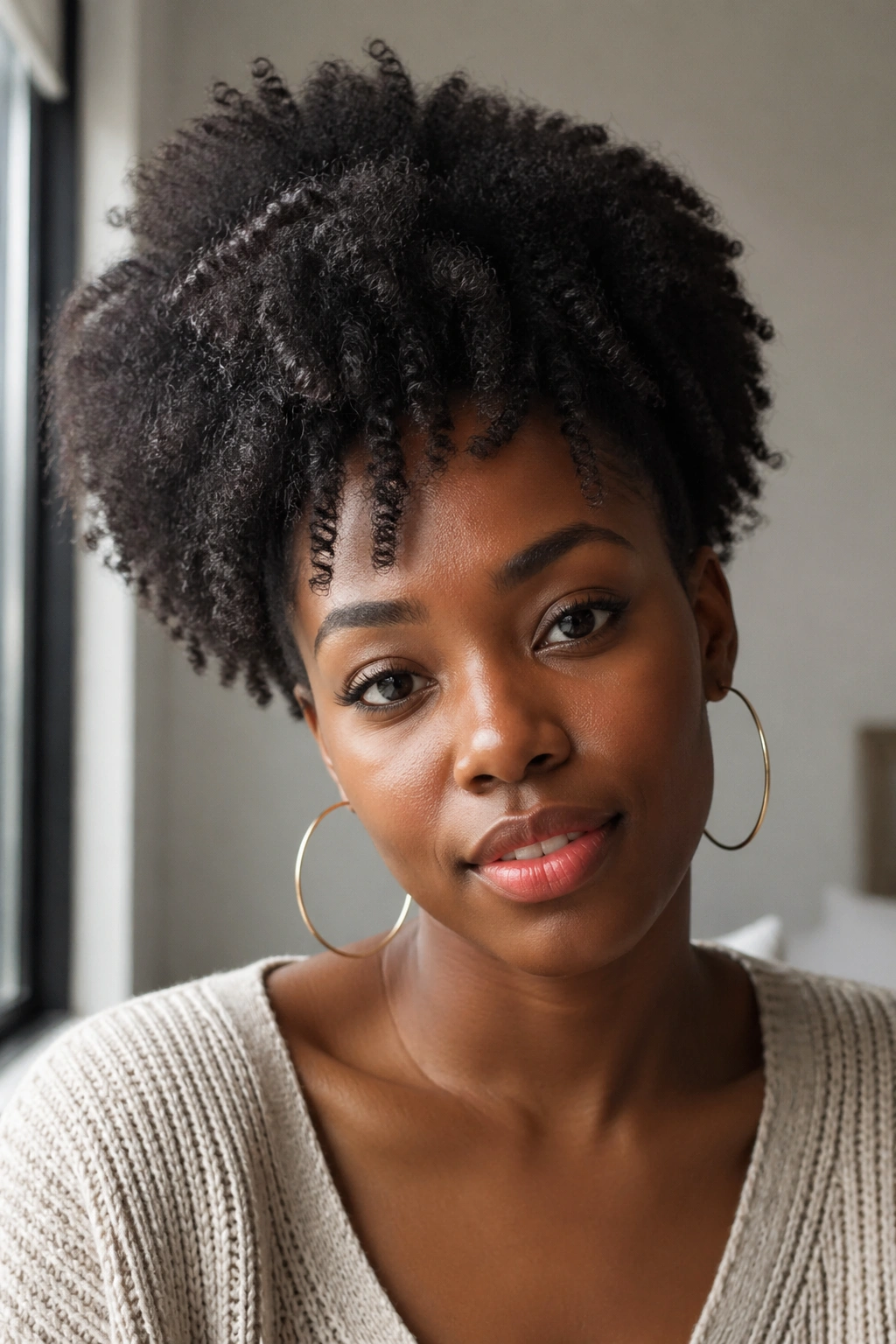 Close-up portrait of a woman with natural hair styled in coils and a puff