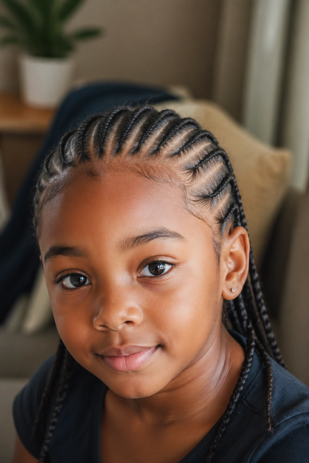 Child with needle cornrows showing caution about sitting still and scalp condition.