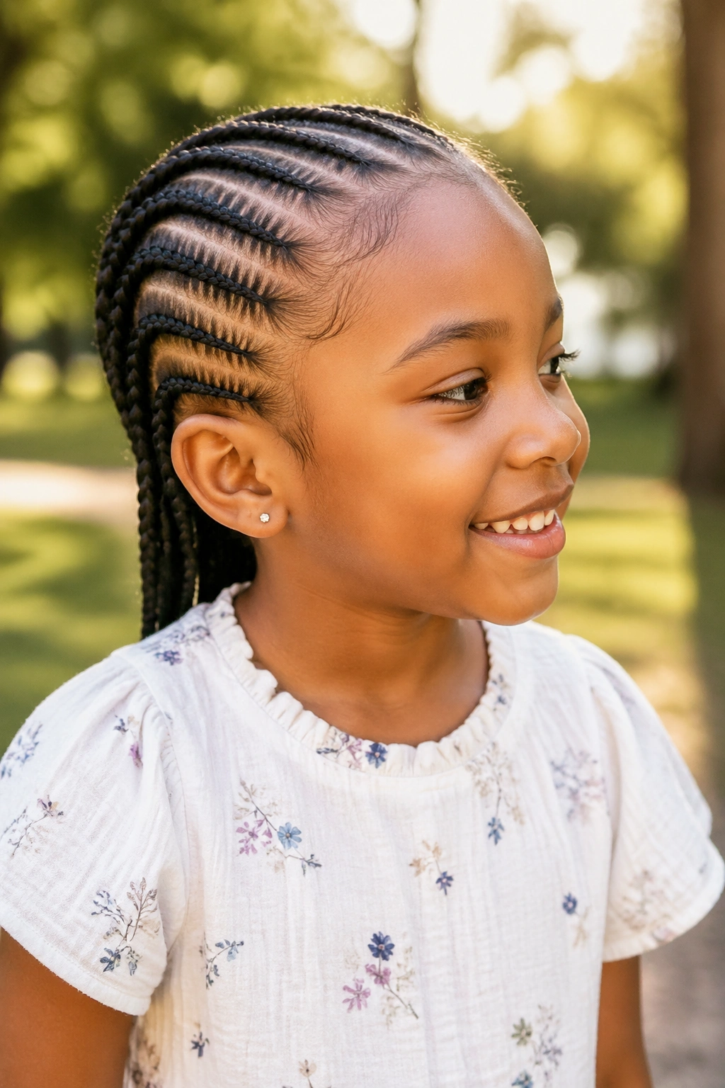Profile view of a child with needle cornrows in a sunlit park.