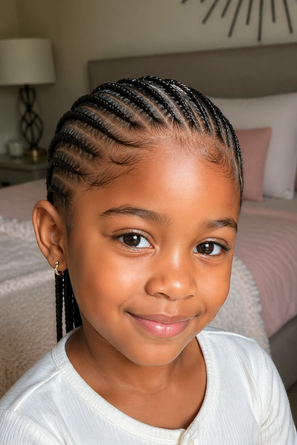 Close-up of a child with needle cornrows lying flat along the scalp in a cozy bedroom.