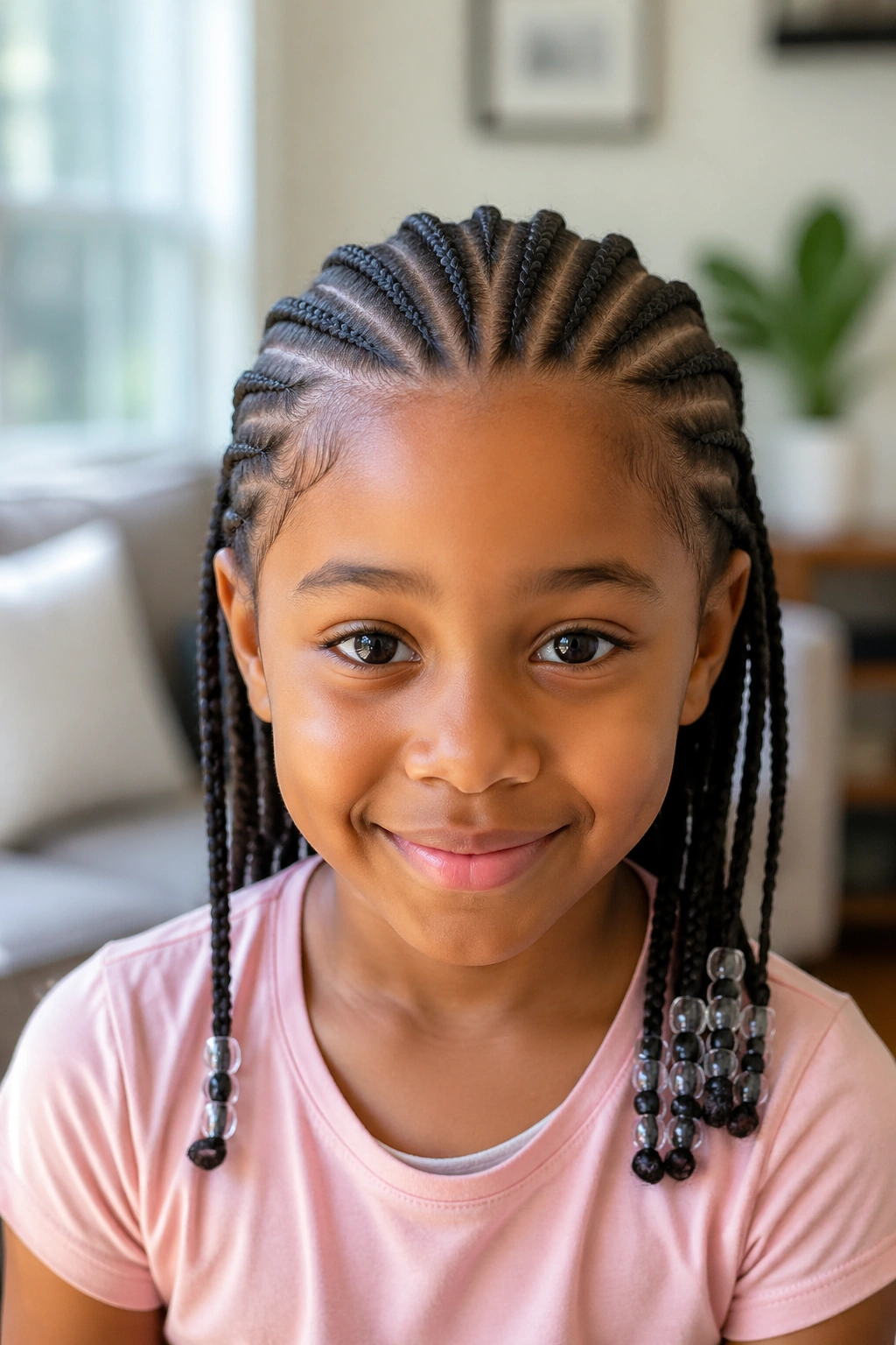 Child with needle cornrows in a bright home setting.