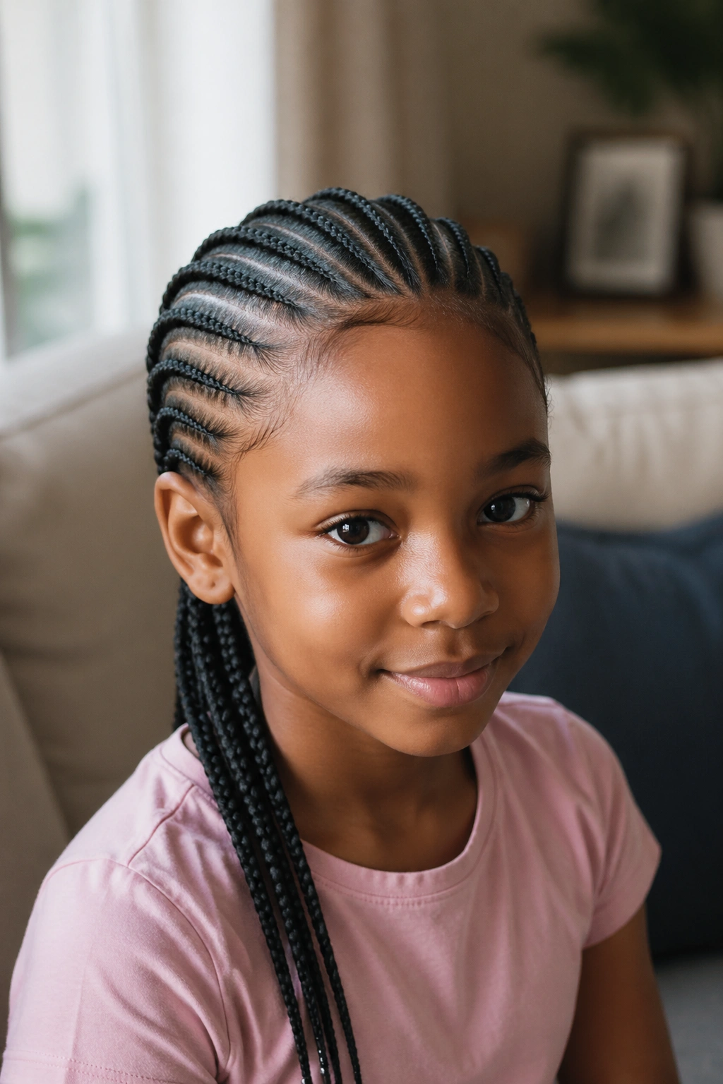 Child wearing completed needle cornrows in a calm home setting.