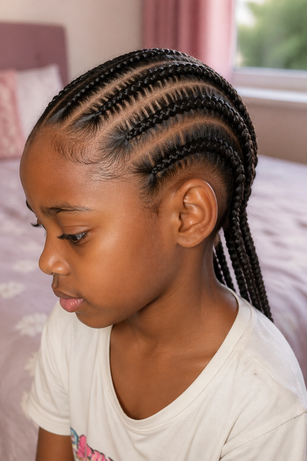 Close-up of real child with three slim needle cornrows from hairline to nape in a cozy bedroom