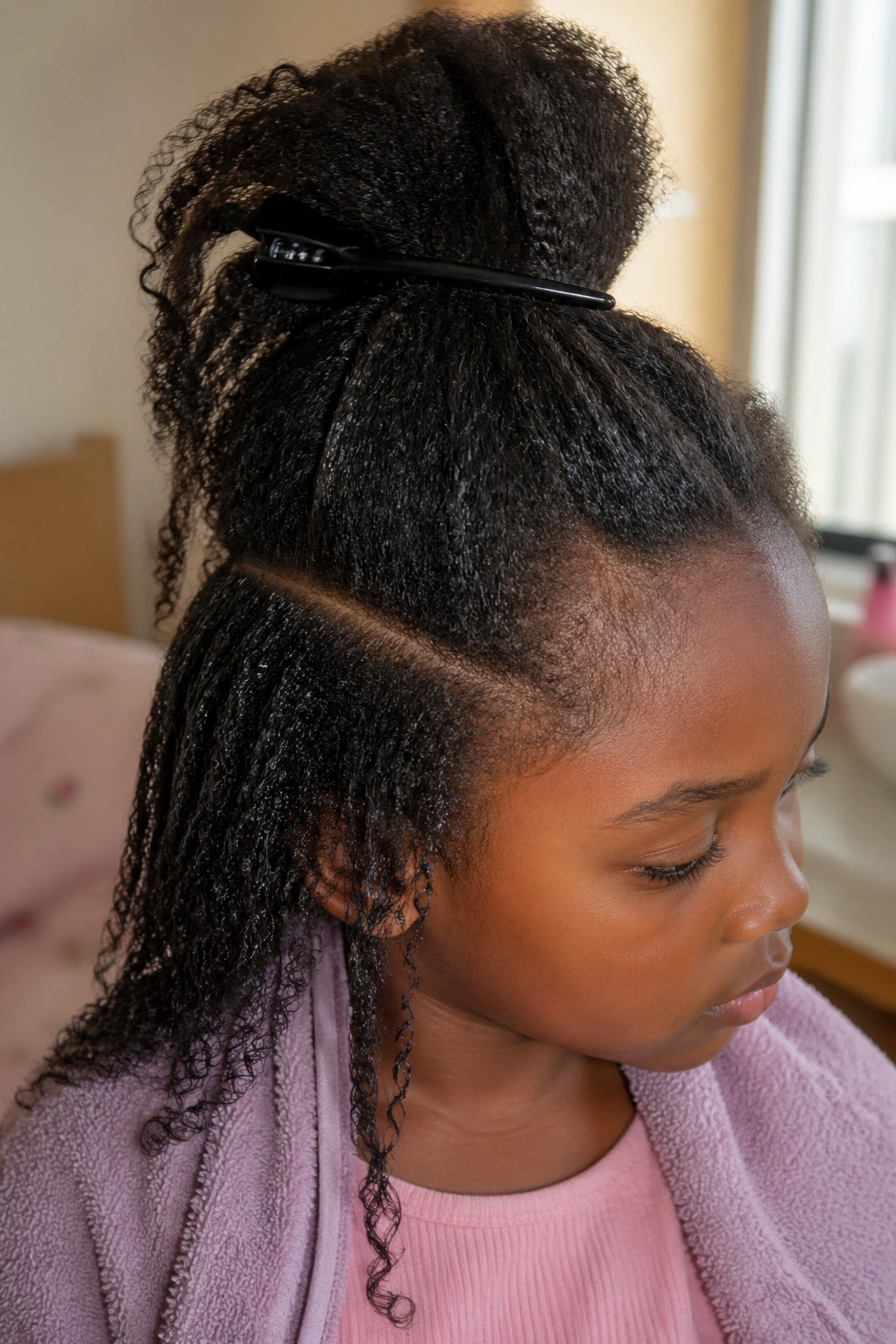 Child's hair prepped for needle cornrows with detangled, stretched sections.