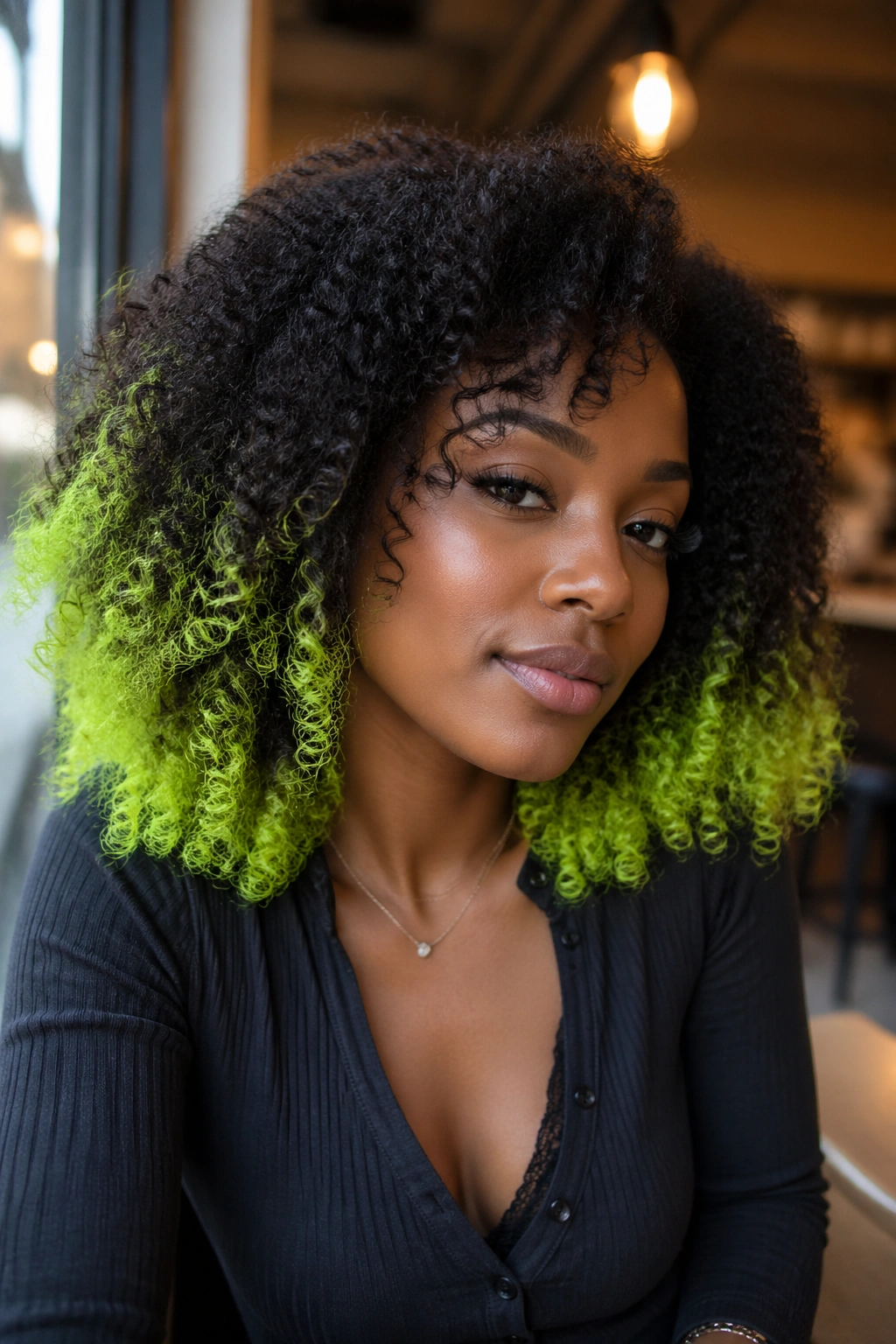 Real woman with neon green tips on dark natural curls