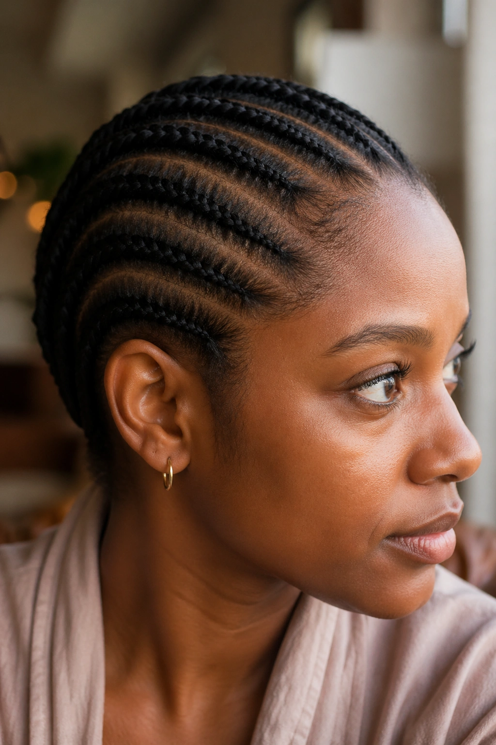 Real person with no-extension cornrows showcasing scalp and braid pattern.