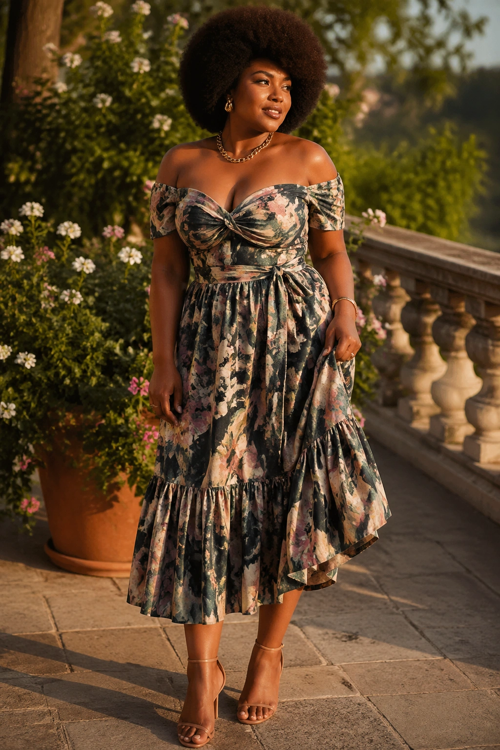 Afro-haired woman in off-shoulder midi dress with voluminous hem outdoors.