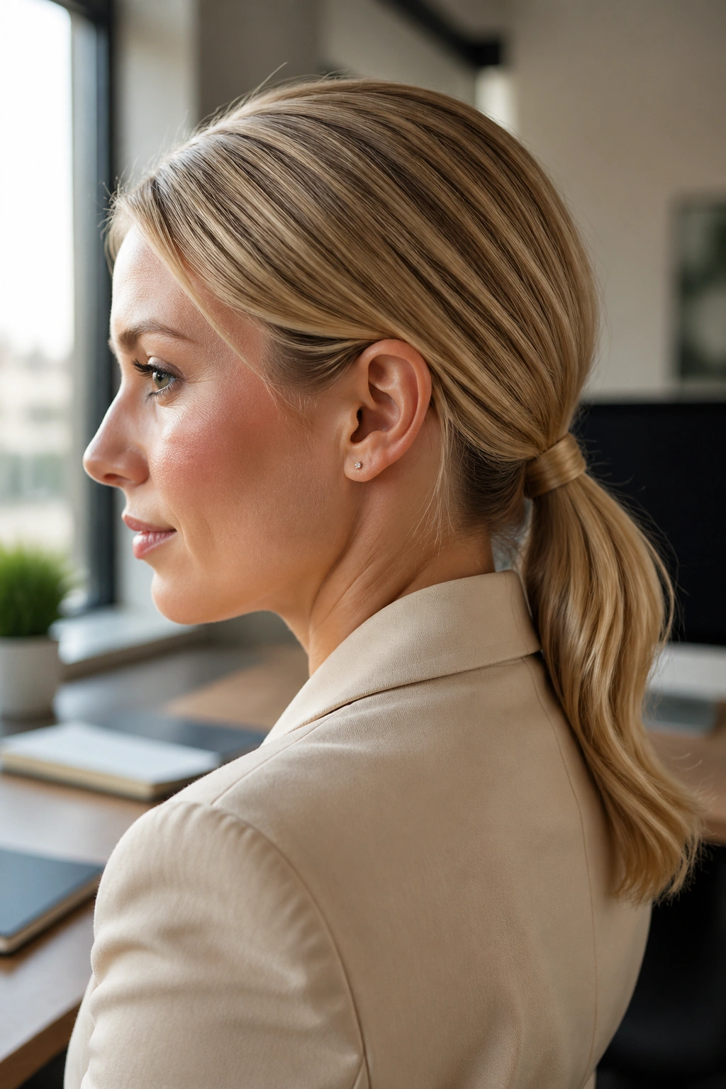 Close-up of a real woman with an office-neat blonde low ponytail under natural daylight