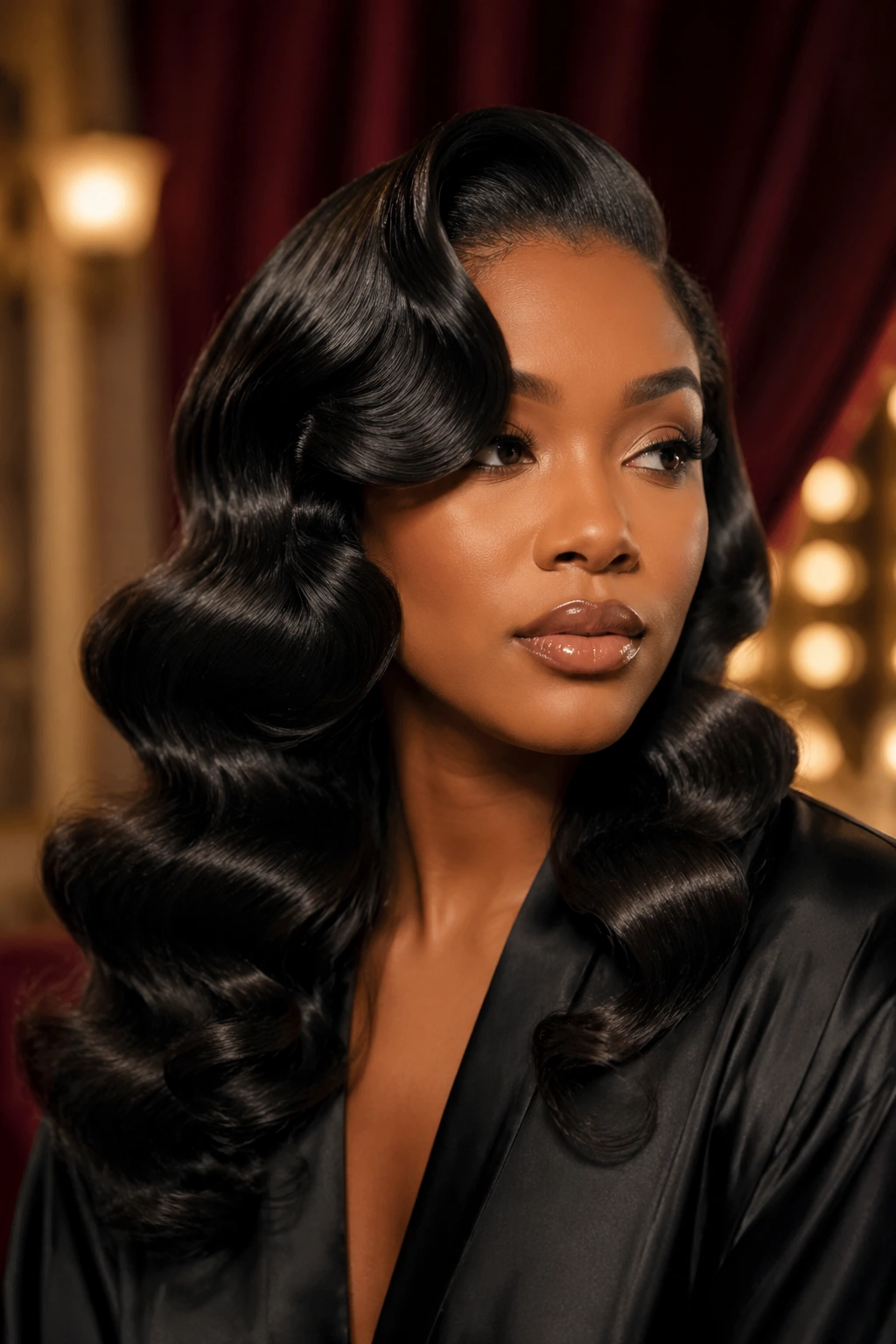 Close-up of a real woman with old-Hollywood silk press waves