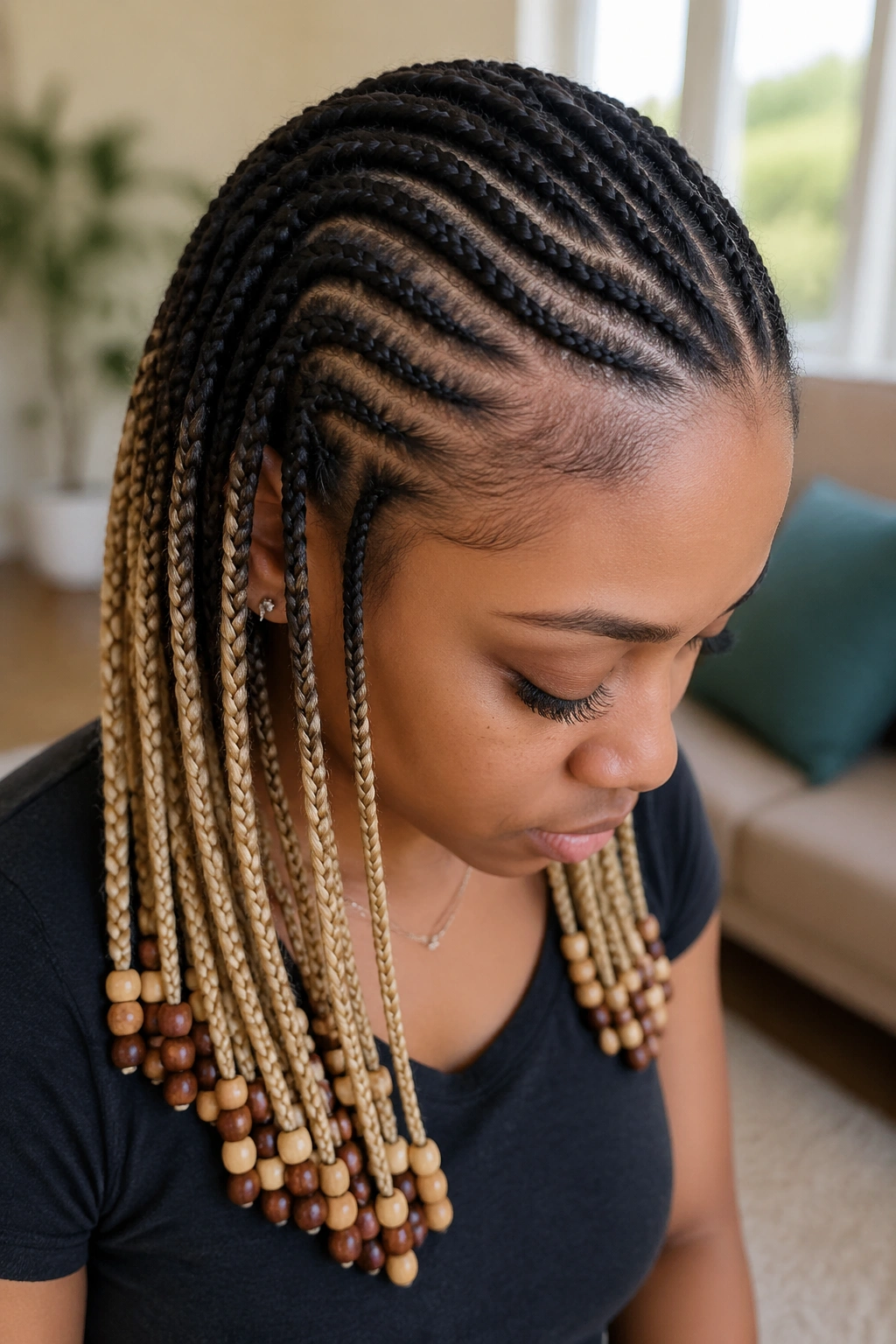 Close-up of ombre cornrows ending in wooden beads on a real person, beads visible at the tips.