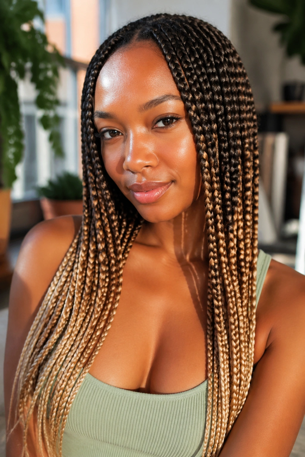 Real woman with ombre color box braids.