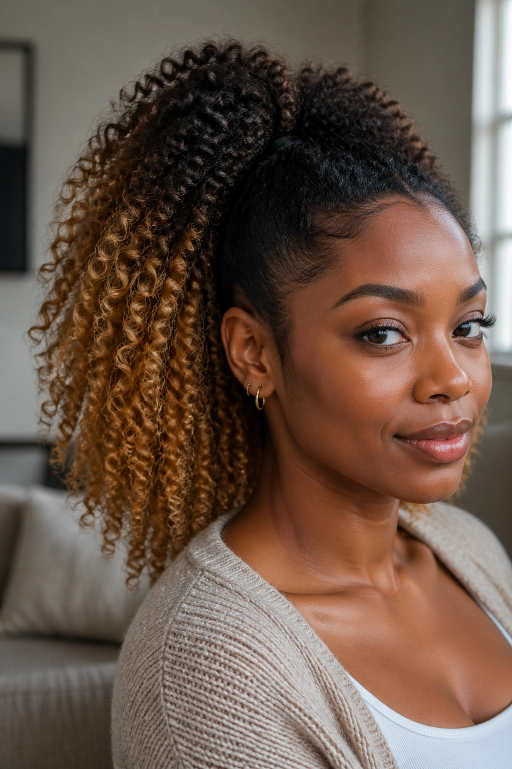 Close-up of a real Black woman with ombré clip-in Afro ponytail.
