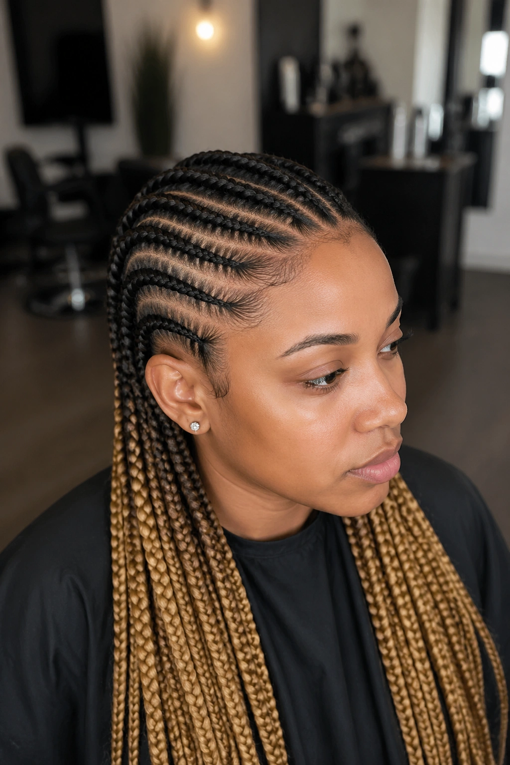Close-up of ombre cornrows showing strong color pairing black to honey blonde on a real head.