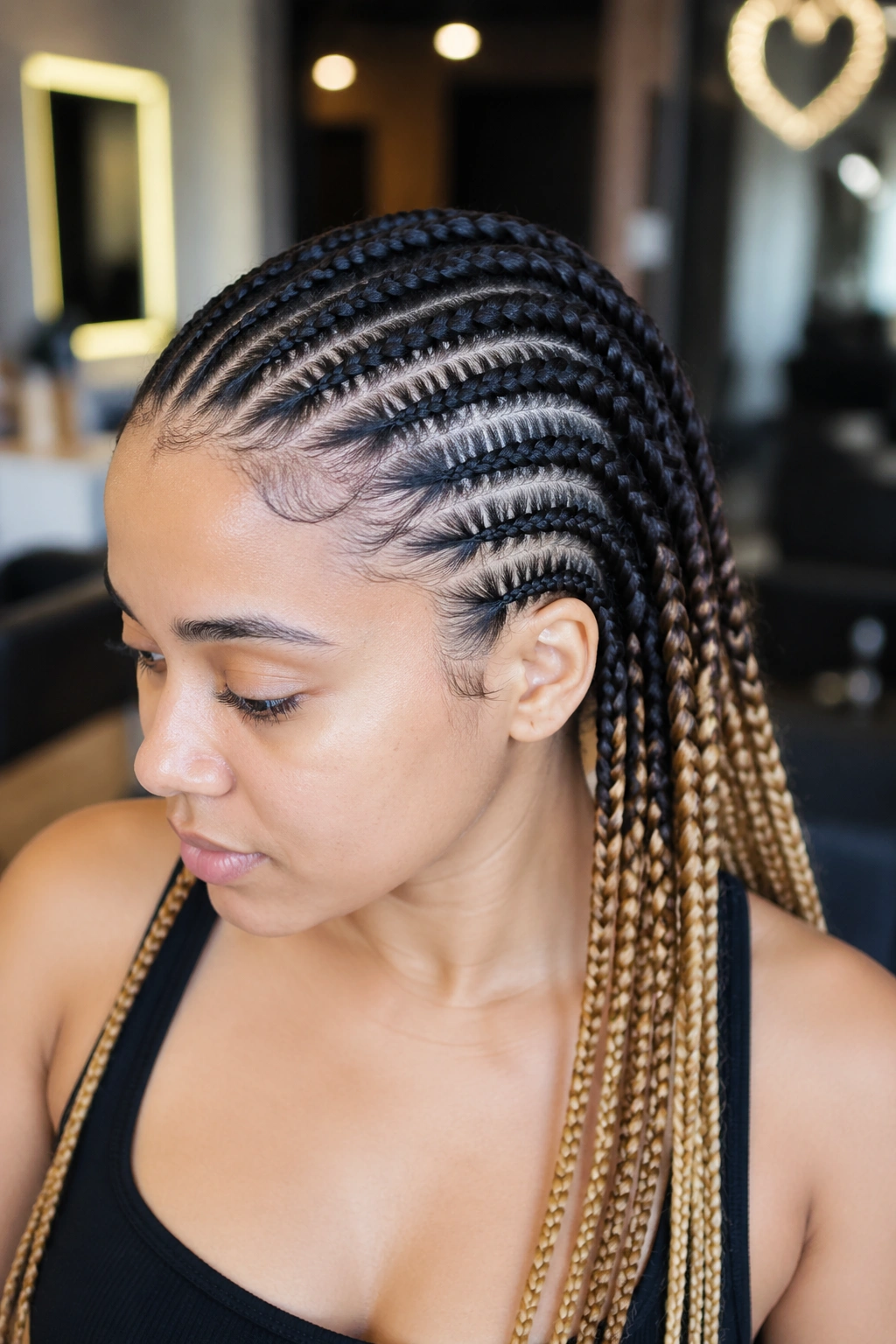 Close-up of ombre cornrows highlighting flat gradient on a real head in a salon.