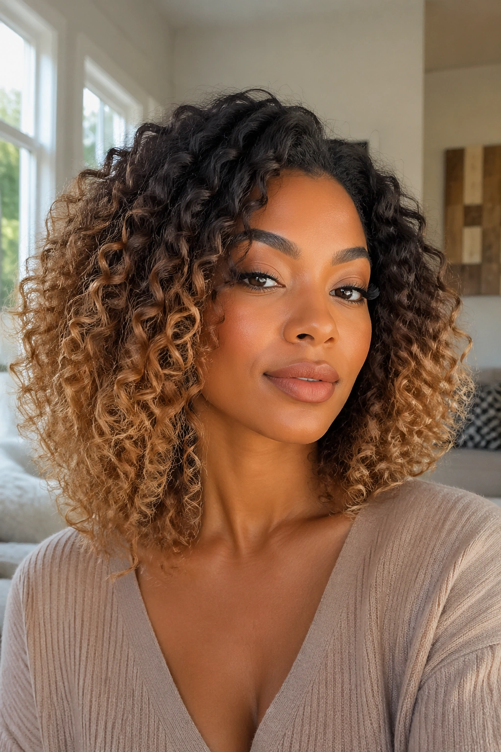 Close-up of real person wearing an ombré curly wig with gradient from dark roots to lighter ends