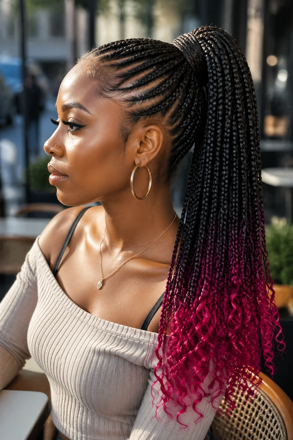 Close-up of ombre pony with accent colors showing a high ponytail with bright tips.
