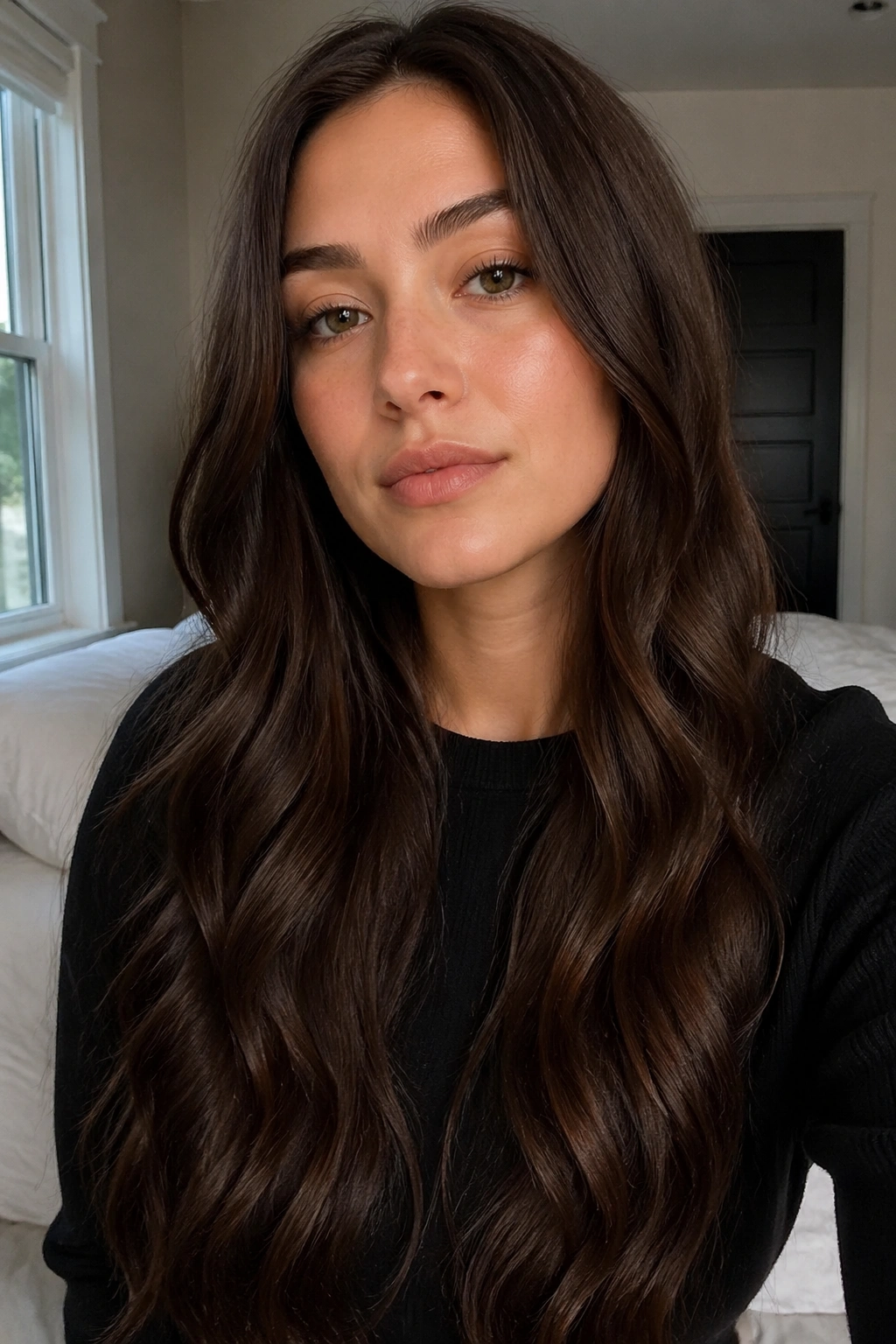 Close-up of a woman with soft one-length waves framing an oval face