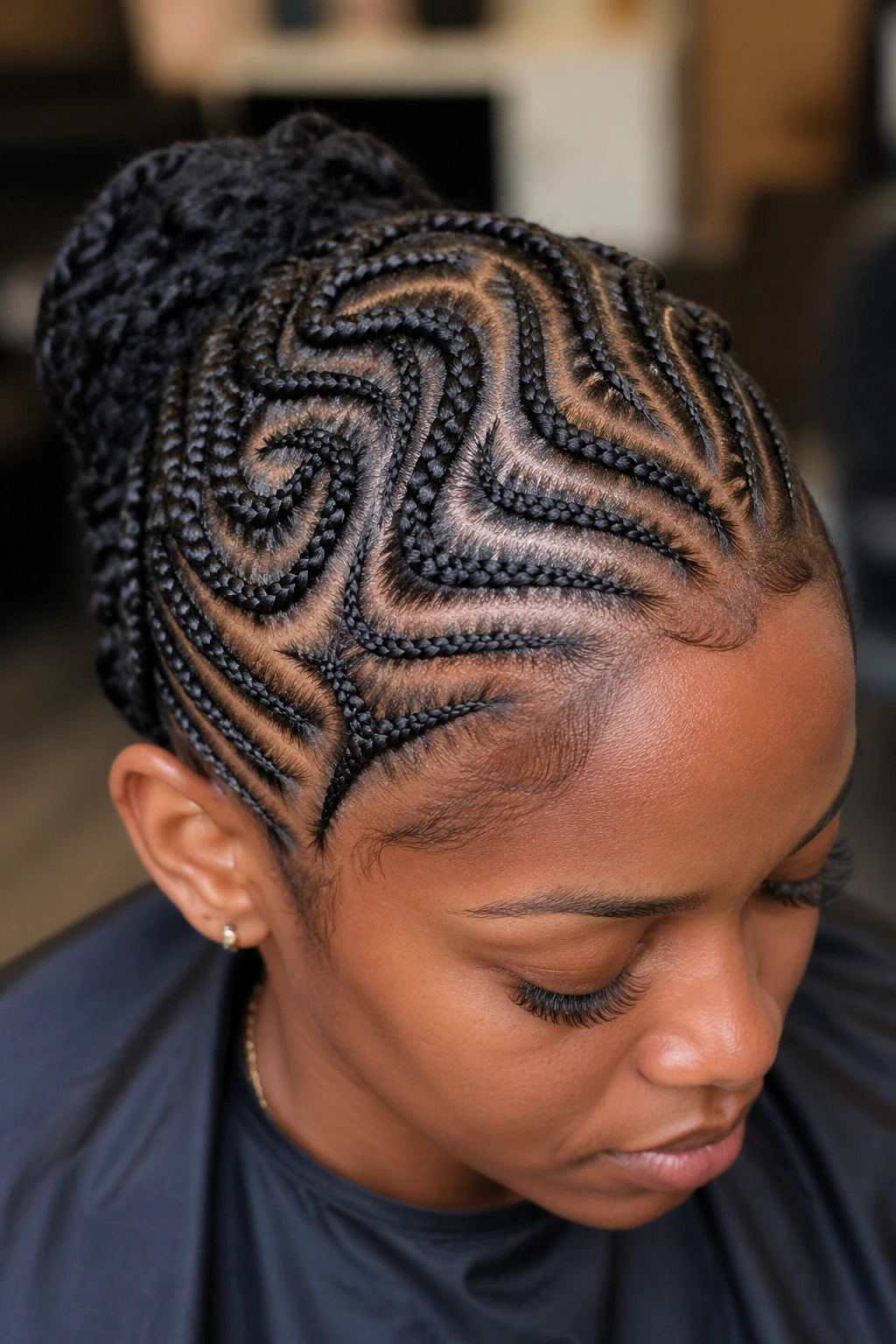 Close-up of a real person with a dense, cluttered freehand cornrow pattern