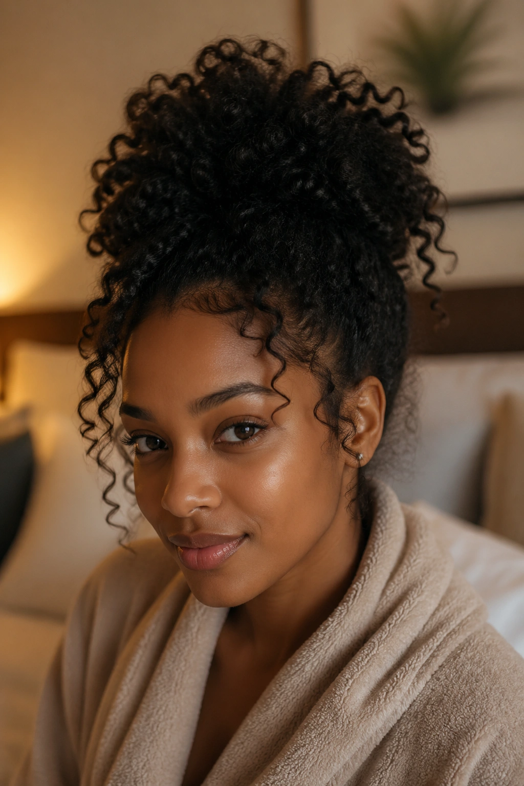 Close-up of a real woman wearing a satin bonnet with loose pineapple curls.