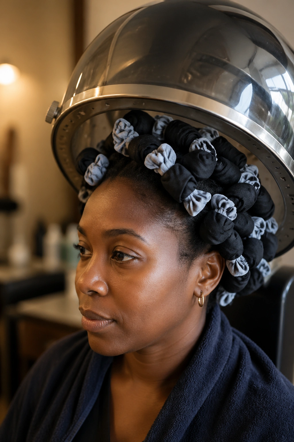 Head with sock curlers under a hooded dryer