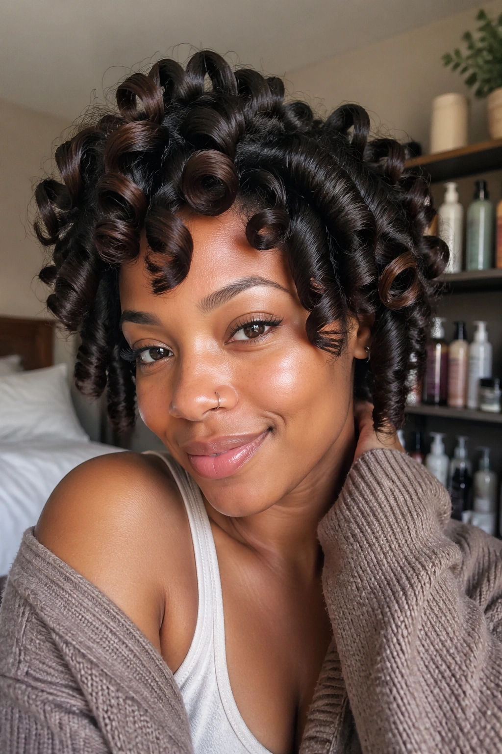 Real woman with overnight sock curls in a softly lit bedroom with blurred product shelves