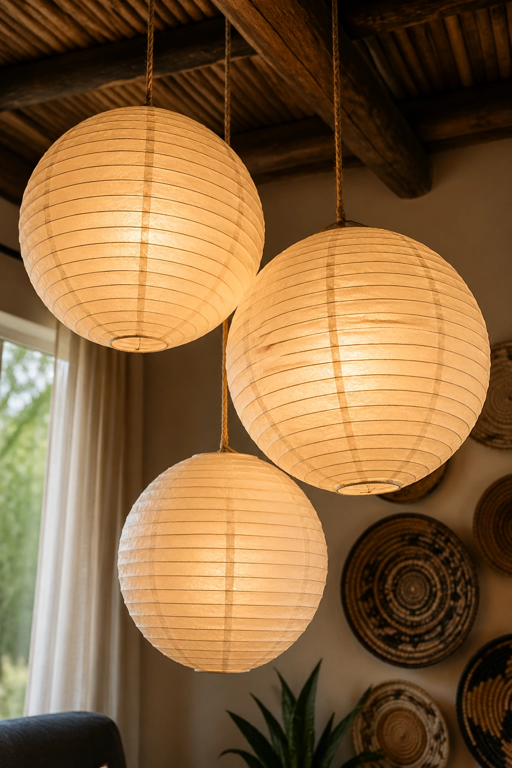 Three rice paper lanterns hanging in a cozy corner