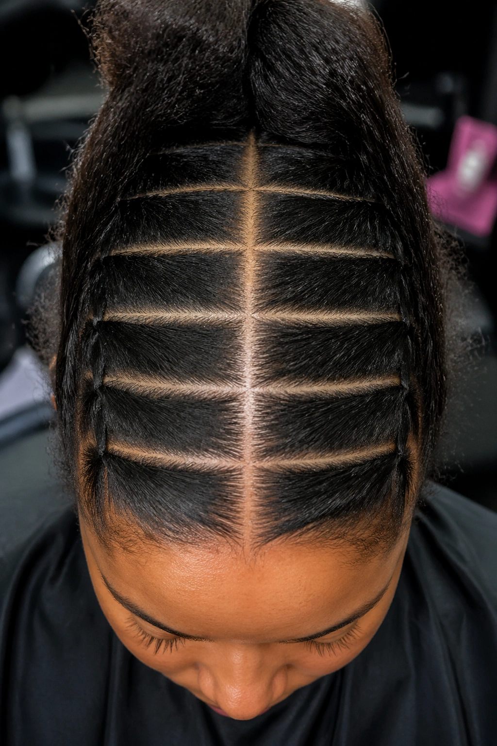 Close-up of a scalp with twelve evenly spaced parting lines forming a grid for 12 cornrows.