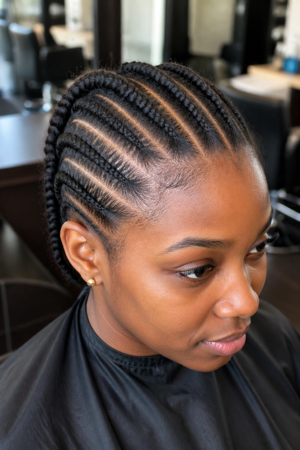 Close-up of a real person's scalp with crisp straight-back parts in 4C hair