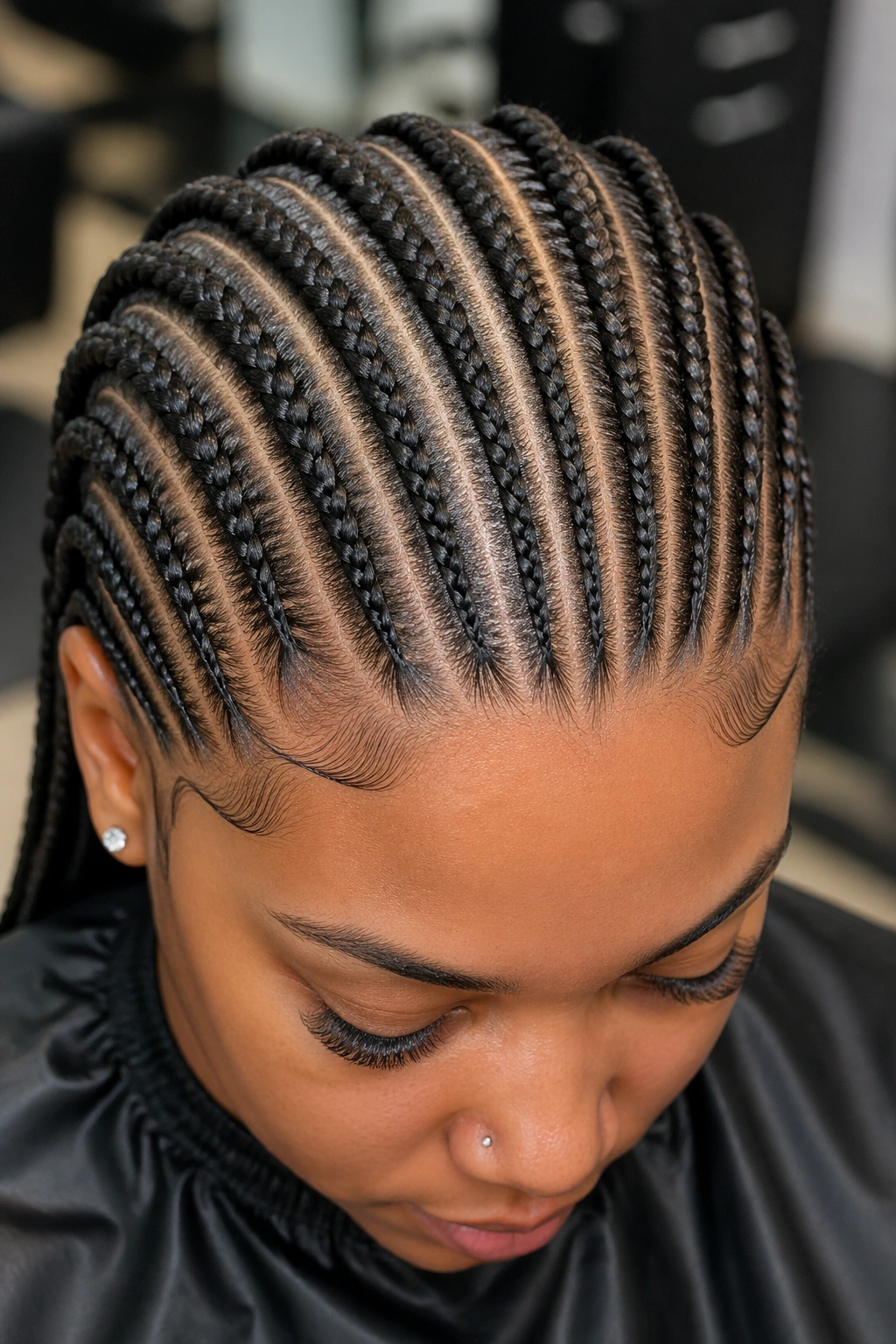 Close-up of precise narrow part lines on scalp for cornrows