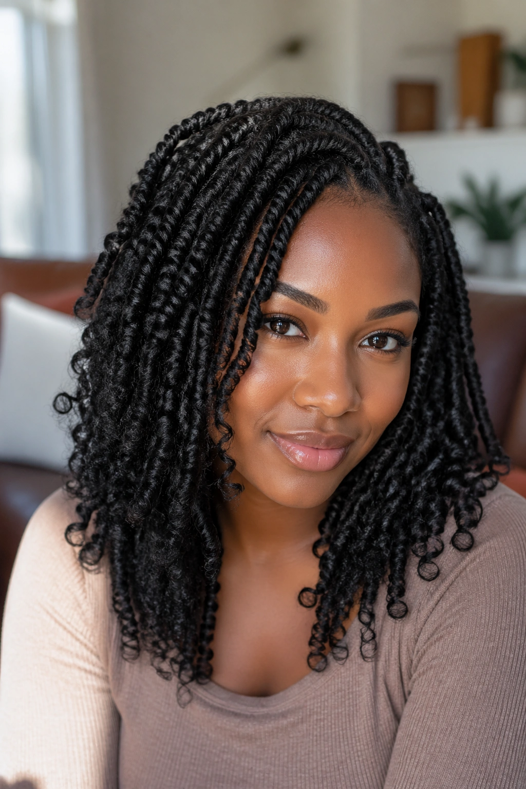 Close-up of a real woman wearing passion twists made from Marley fiber in a cozy indoor setting