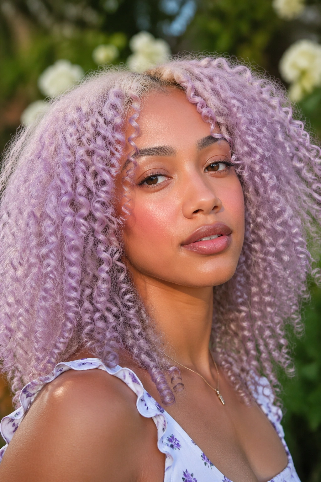 Close-up of a real woman with pale lilac curls on pre-lightened hair