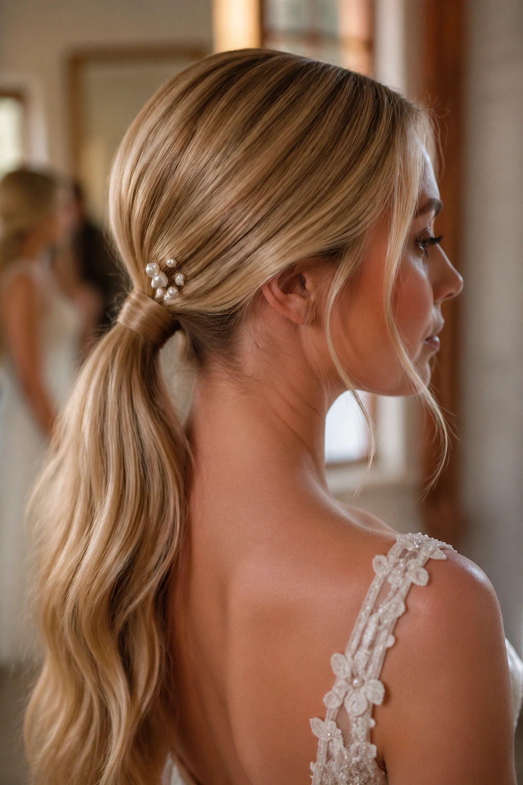 Close-up of a real woman with a pearl-pin blonde low ponytail in a wedding setting
