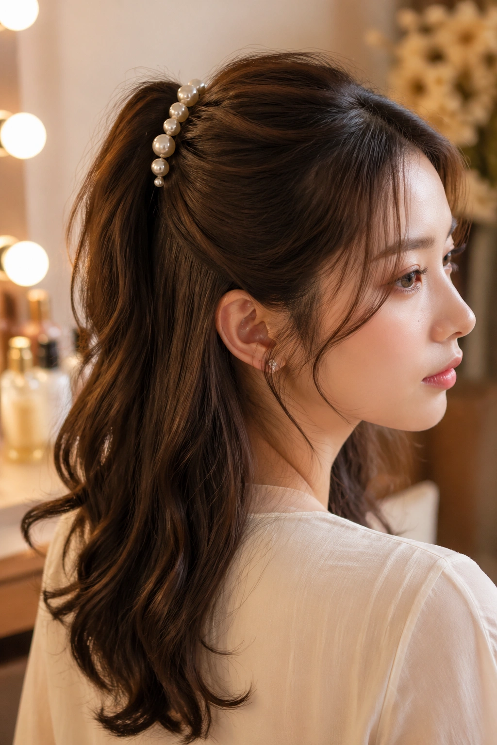 Close-up of a real woman with a half ponytail accented by pearl pins in a softly lit dressing room