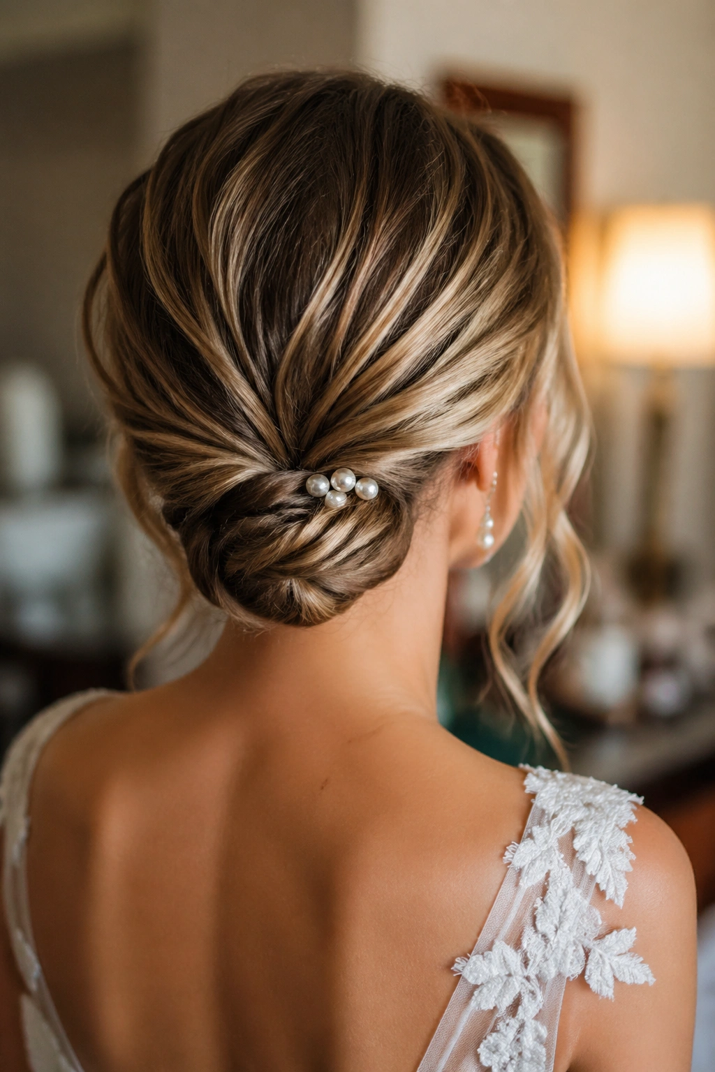 Back of head close-up showing a nape twist with pearl pins in a wedding hairstyle.