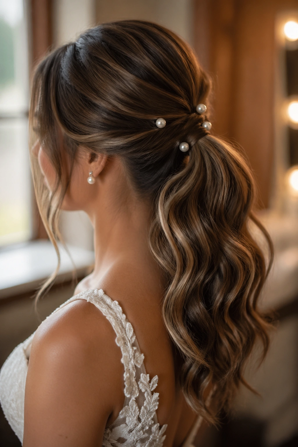 Close-up of real bride with Pearl-Pin Wavy Ponytail hairstyle