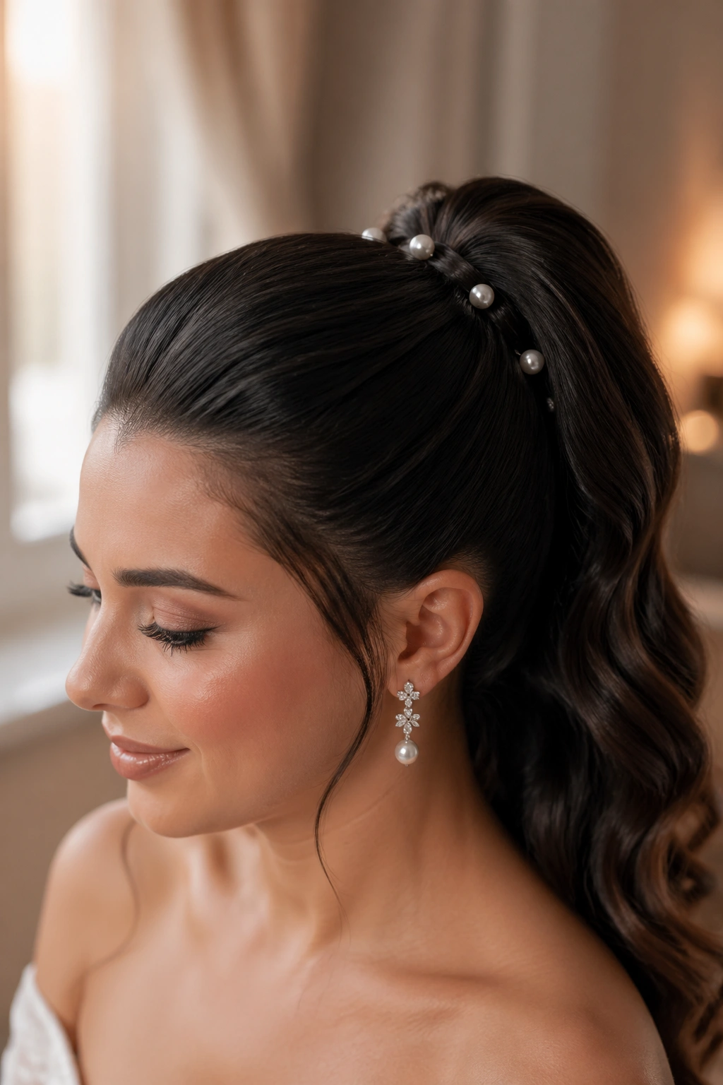 Close-up of a real bride with pearl-studded high ponytail